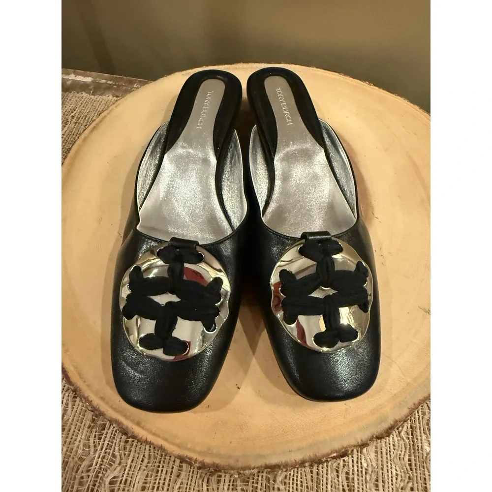Tory Burch Woven‎ Logo Kitten Heel Mule Size 7.5 Black Goat Leather MSRP$358